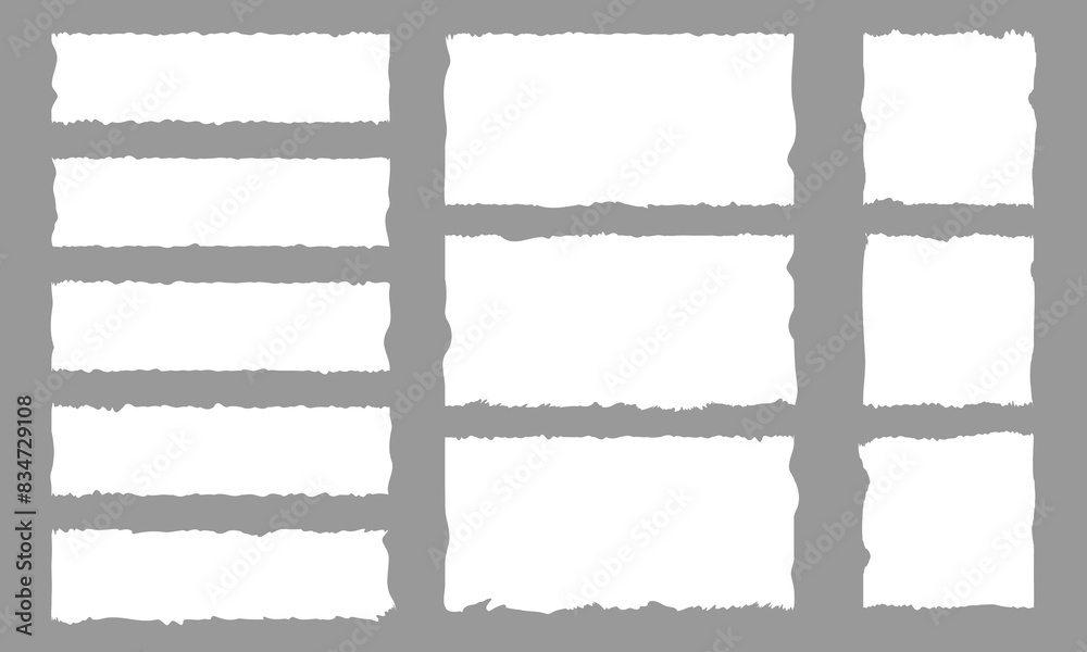 Ripped paper page. Newspaper horizontal torn strips, realistic transparent white cardboard rip edge. Vector banner rough edge grey illustration Ripped paper page. Newspaper horizontal torn strips, realistic transparent white cardboard rip edge. Vector banner rough edge grey illustration