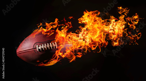 A burning rugby ball in flight. The ball is on fire. Dynamic image. Background for design.