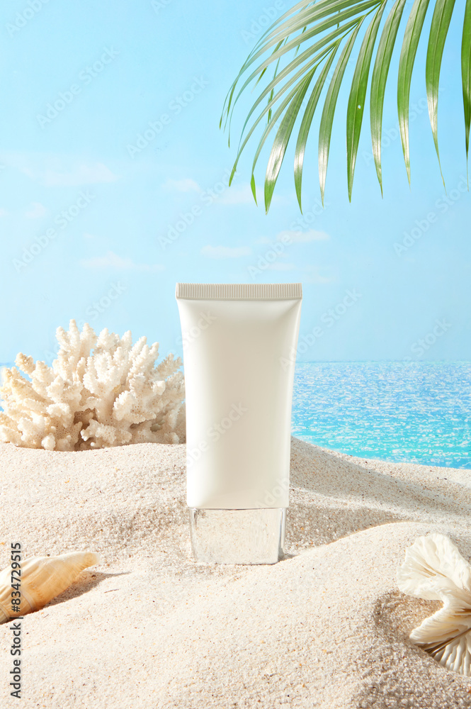 Cosmetic promotion mock up on beach scene, a white cosmetic tube placed on white sand, decorated by some shells and a coconut leaf on the top right corner. Front view photo with space for design Cosmetic promotion mock up on beach scene, a white cosmetic tube placed on white sand, decorated by some shells and a coconut leaf on the top right corner. Front view photo with space for design