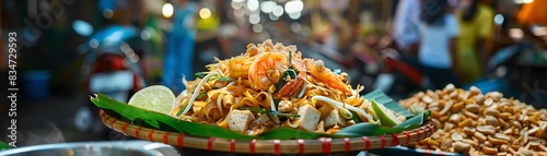Pad Thai is a popular Thai street food dish made with stir-fried rice noodles, vegetables, and a sweet and sour sauce. It is often served with peanuts and lime wedges.