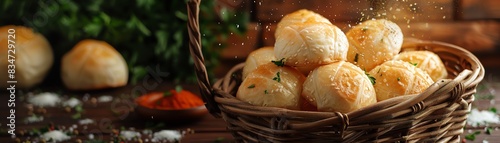 Paraguayan chipa, cheese bread rolls, served in a basket with a backdrop of the Paraguayan Chaco photo