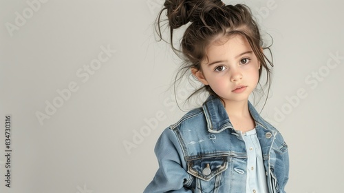 young Latina girl with dark brown hair in a messy bun, wearing a light blue denim jacket and shorts, against a plain studio backdrop