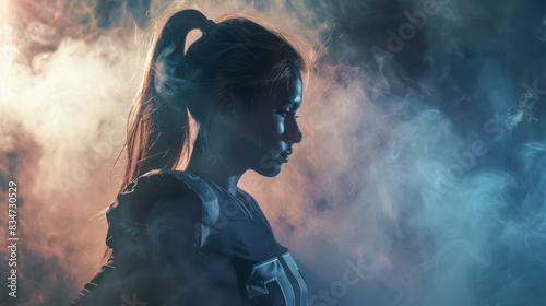 The focused gaze of an American soccer player, shrouded in smoke and bright lighting. American football.