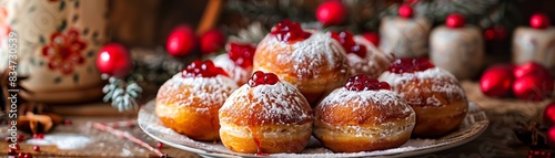 A plate of delicious looking doughnuts covered in powdered sugar and topped with red currant jelly photo