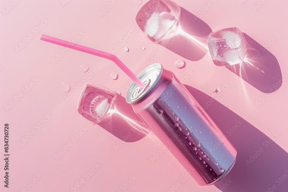 Pink can of soda with straw and ice cubes on pastel pink background, minimal concept of summer drink or soft drinks product photography for advertising design. Pink can of soda with straw and ice cubes on pastel pink background, minimal concept of summer drink or soft drinks product photography for advertising design.