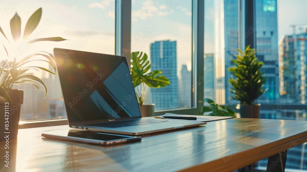 Laptop on a modern office table with panoramic window view of cityscape on a sunny day