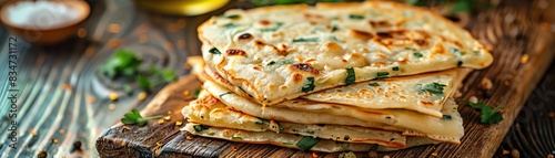 Wallpaper Mural Scallion pancakes, crispy and flaky, served on a rustic wooden board with a bustling street market background Torontodigital.ca