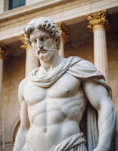 Una statua in gesso bianca raffigurante un uomo romano, con una toga drappeggiata elegantemente sulle spalle.
