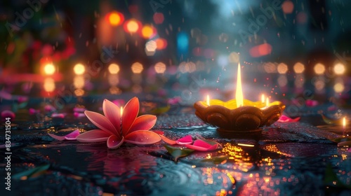 Whispered Tranquility, Mirrored Lotus Bloom Under a Canopy of Candle Lights Amidst a Rain-Kissed Pond and Reflective Silence photo