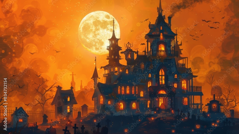 Spooky Haunted House on Halloween Night with Full Moon and Jack-o'-Lanterns
