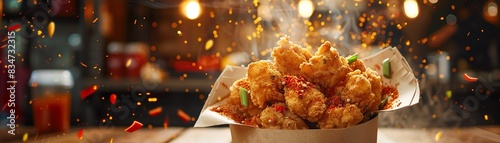 Taiwanese popcorn chicken, crispy and spiced, served in a paper bag with a lively street food market scene photo