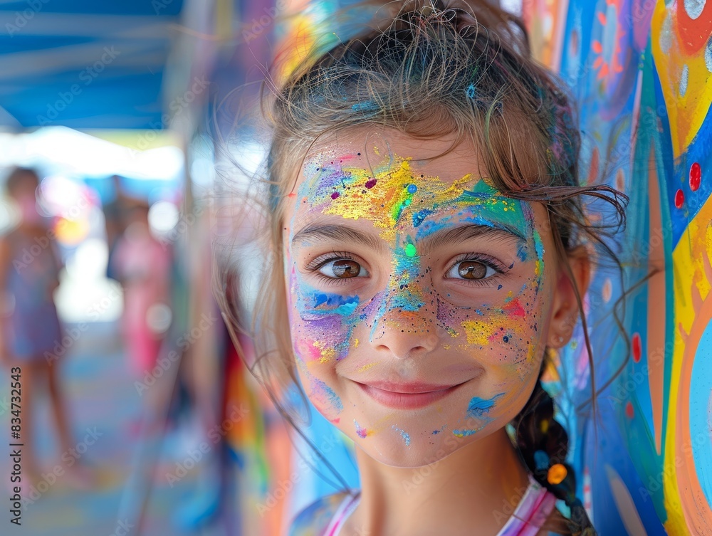 A face-painting booth with children getting their faces painted by artists. A face-painting booth with children getting their faces painted by artists.