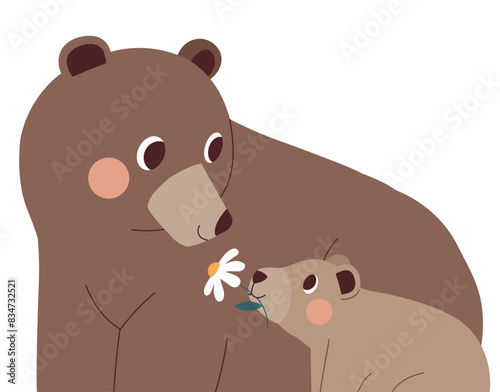 Bear kid grips a flower to its mother