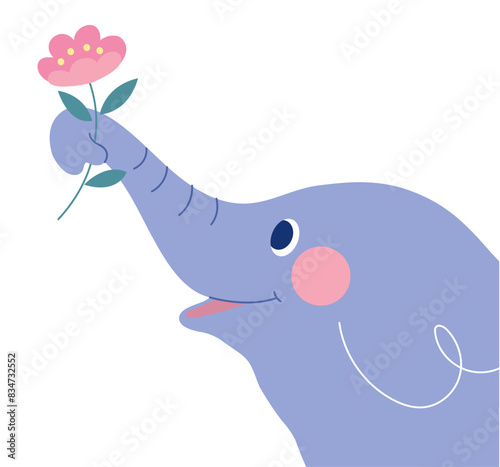 Cute elephant grips a flower