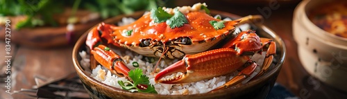 A delicious and authentic bowl of seafood rice topped with crab.