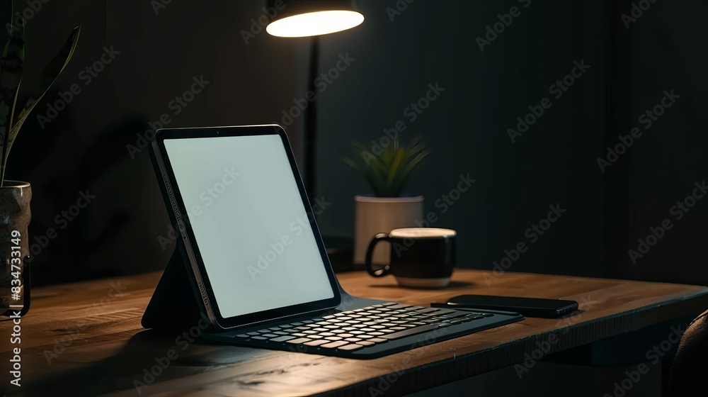 mockup of a tablet with magic keyboard on a wooden table in a dark-toned office room mockup of a tablet with magic keyboard on a wooden table in a dark-toned office room