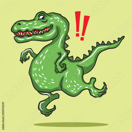 Joyful cartoon illustration of a green Tyrannosaurus Rex standing on two legs with a happy and friendly expression.