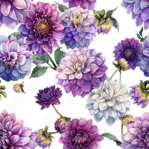 A vibrant pattern of colorful purple dahlias on a white background, perfect for floral designs and creative projects.