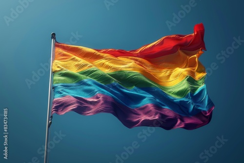 Dramatic waving of a large pride flag  depicting the dynamic and enduring spirit of the LGBTQ  rights movement.