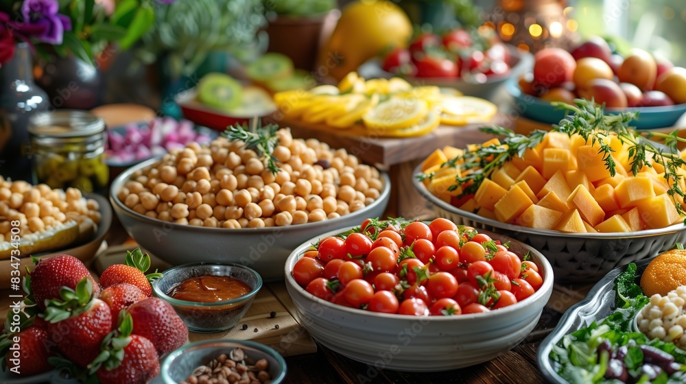 In a corner of a lively gathering table. Various healthy snacks
