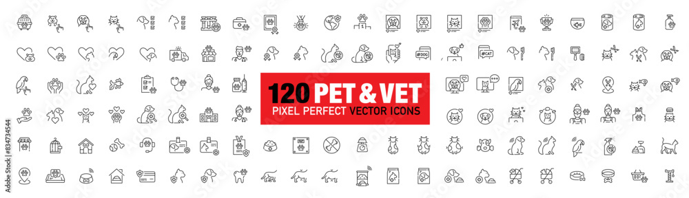 Comprehensive collection of 120 icons for pet enthusiasts: adoption, obesity awareness, veterinary care, and supplies. Pixel perfect, editable stroke vectors