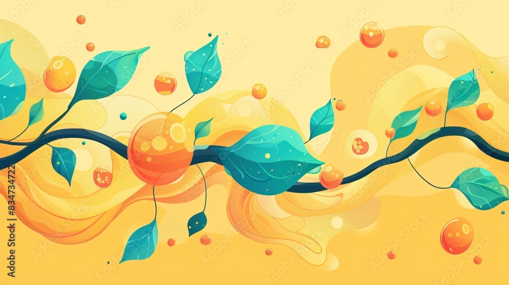 whimsical flat vector illustration of a graceful plant branch intertwined with floating clouds and radiant particles, the vibrant teal petals complemented by tangerine bubbles of crystals, the entire