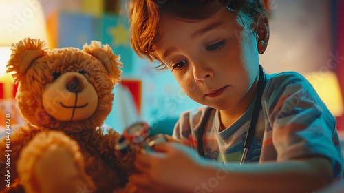 Child examining stuffed animal with toy otoscope in dimly lit bedroom, showing curiosity and concentration. photo