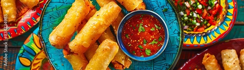 Venezuelan tequenos, cheese sticks wrapped in dough, served with a spicy dipping sauce on a colorful plate with a bustling street market background photo