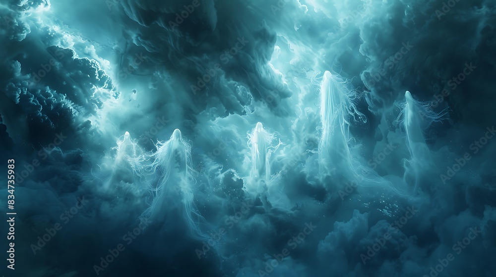 Ethereal forms emerge from the depths, like spirits rising from the underworld, ascending towards the light of the heavens in search of redemption and renewalbackground Ethereal forms emerge from the depths, like spirits rising from the underworld, ascending towards the light of the heavens in search of redemption and renewalbackground