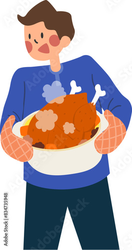 Young man holding a pot of braised chicken