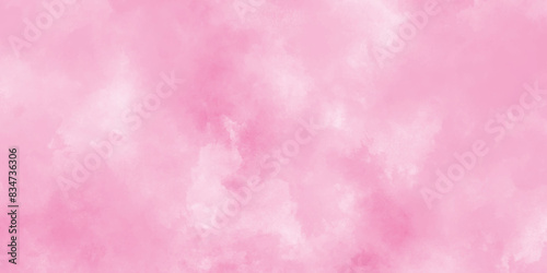 Paint leaks and ombre effects hand painted cloudy pink paper texture, Soft smeared aquarelle painted pink texture, Abstract pink sky background and white clouds on pink canvas.