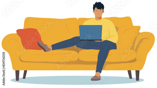 A man is sitting on a yellow couch with his legs stretched out, working on a laptop. Hes wearing a yellow shirt, blue pants, and brown shoes photo