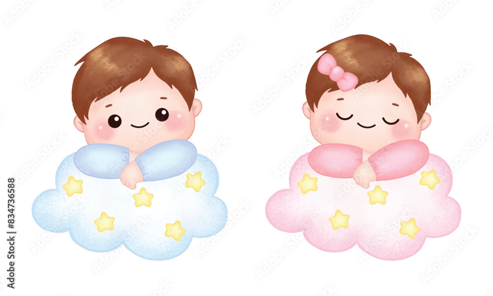 Cute baby boy and girl illustration sleeping on the cloud Cute baby boy and girl illustration sleeping on the cloud