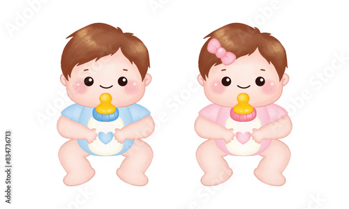 Cute baby boy and girl with a bottle of milk
