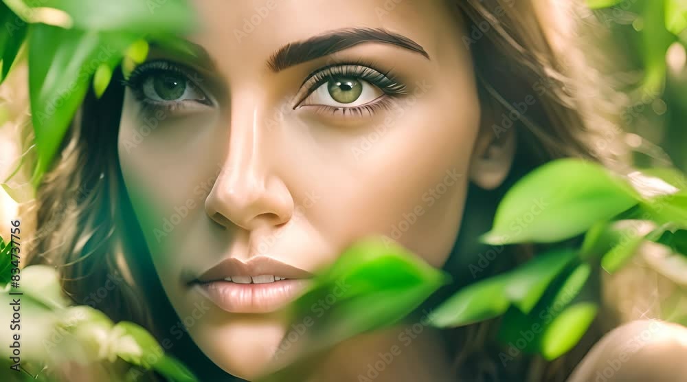 Beautiful Savage Woman in Nature Green Leaves, Young Wild Girl Portrait, Beauty Woman Eyes Closeup Natural Cosmetics, Ecological Organic Product Concept, Generative AI Illustration Beautiful Savage Woman in Nature Green Leaves, Young Wild Girl Portrait, Beauty Woman Eyes Closeup Natural Cosmetics, Ecological Organic Product Concept, Generative AI Illustration