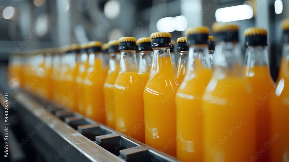 Line of bottling of orange fruit juice bottles on clean light factory with closeup view on the sweet drink bottle