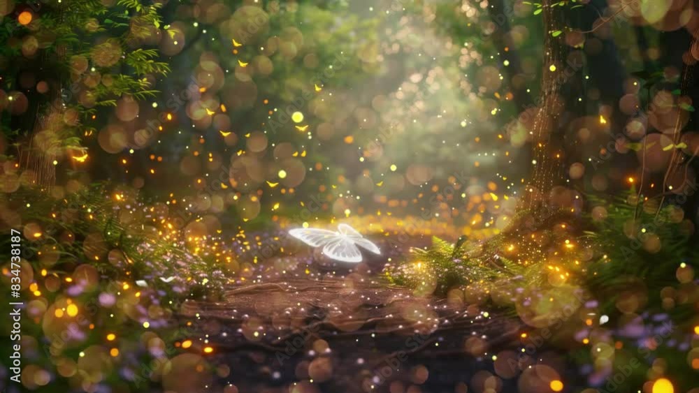 magic fairytale forest with fireflies lights. seamless looping overlay 4k virtual video animation background magic fairytale forest with fireflies lights. seamless looping overlay 4k virtual video animation background