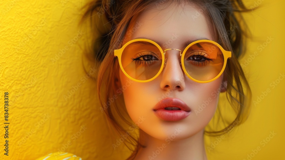 A woman with yellow sunglasses on her face A woman with yellow sunglasses on her face