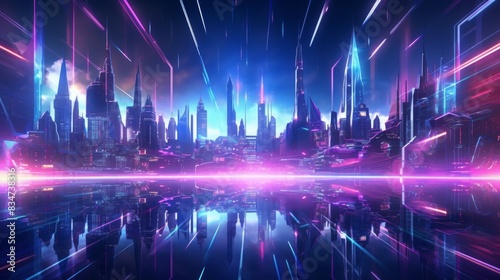 Vibrant sci-fi neon hologram, Glowing geometric shapes background.