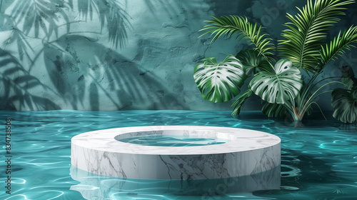 Top view of marble podium stand in swimming pool water with palm leaves. Summer tropical background for luxury product placement. Blue background for product presentation with shadows and light. Empty © Sweetrose official 