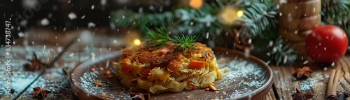 Andorran trinxat, cabbage and potato cake, crisp and golden, rustic earthenware plate, cozy mountain cabin, late afternoon, soft snowfall outside photo