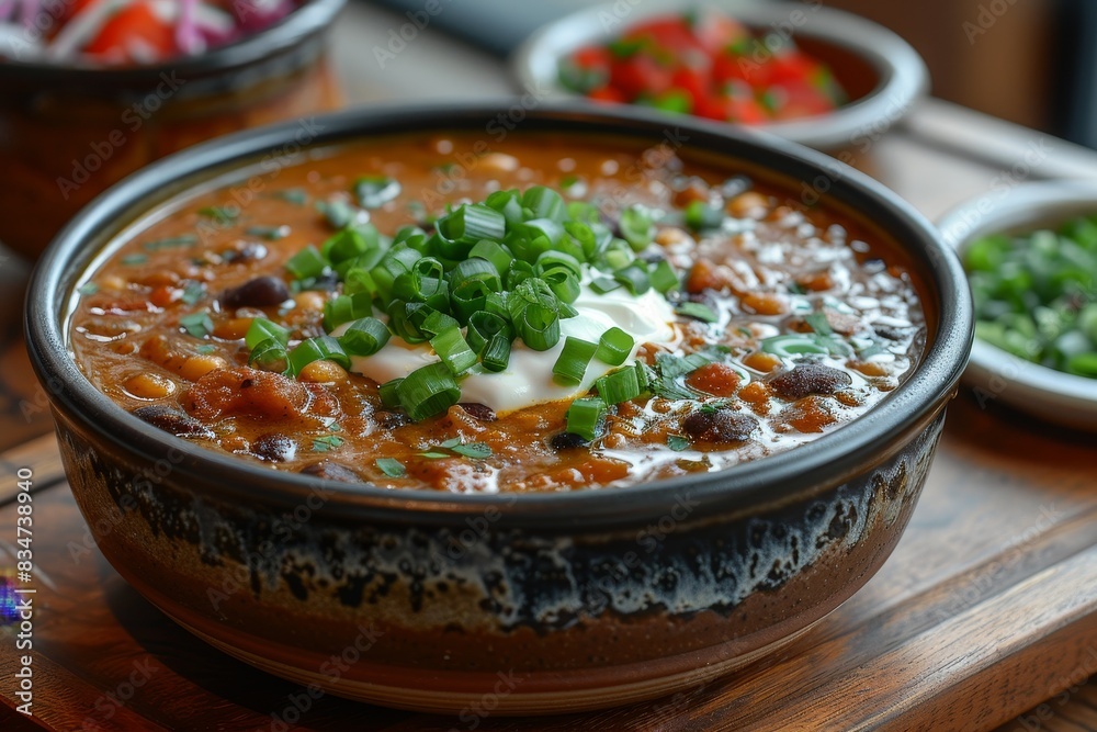 Chili - Bowl of chili with cheese, sour cream, and green onions. Chili - Bowl of chili with cheese, sour cream, and green onions.