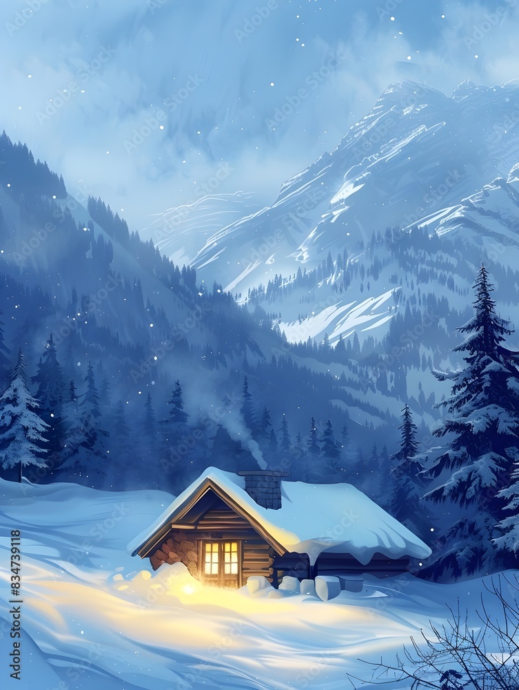 Cozy Cabin Nestled in a Snow-Covered Winter Wonderland Surrounded by Majestic Mountains Cozy Cabin Nestled in a Snow-Covered Winter Wonderland Surrounded by Majestic Mountains