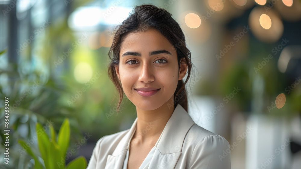 Happy young Indian saleswoman,executive manager smiling looking at camera and welcoming client. Happy young Indian saleswoman,executive manager smiling looking at camera and welcoming client.