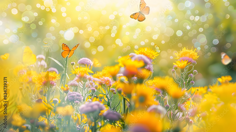Cheerful buoyant spring summer shot of yellow Santolina flowers and butterflies in meadow in nature outdoors on bright sunny day, macro. Soft selective focus. Cheerful buoyant spring summer shot of yellow Santolina flowers and butterflies in meadow in nature outdoors on bright sunny day, macro. Soft selective focus.