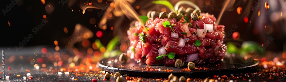 Beef tartare, raw chopped beef seasoned with capers and onions, modern European bistro Beef tartare, raw chopped beef seasoned with capers and onions, modern European bistro