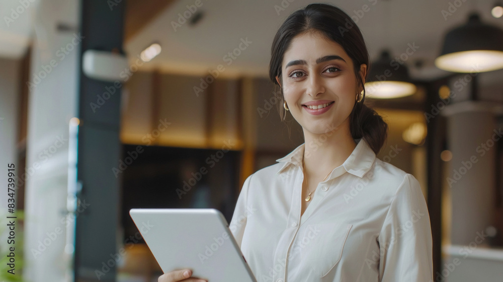 Happy young Indian saleswoman,executive manager smiling looking at camera and welcoming client.