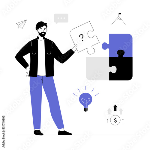 Finding ideas, solutions, brainstorming process. Man putting together a puzzle. Innovation manager. Vector illustration with line people for web design.