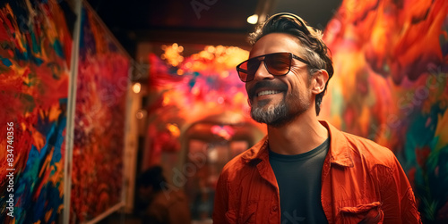 A smiling man wearing sunglasses in front of vibrant abstract paintings, concept of art appreciation. Generative AI