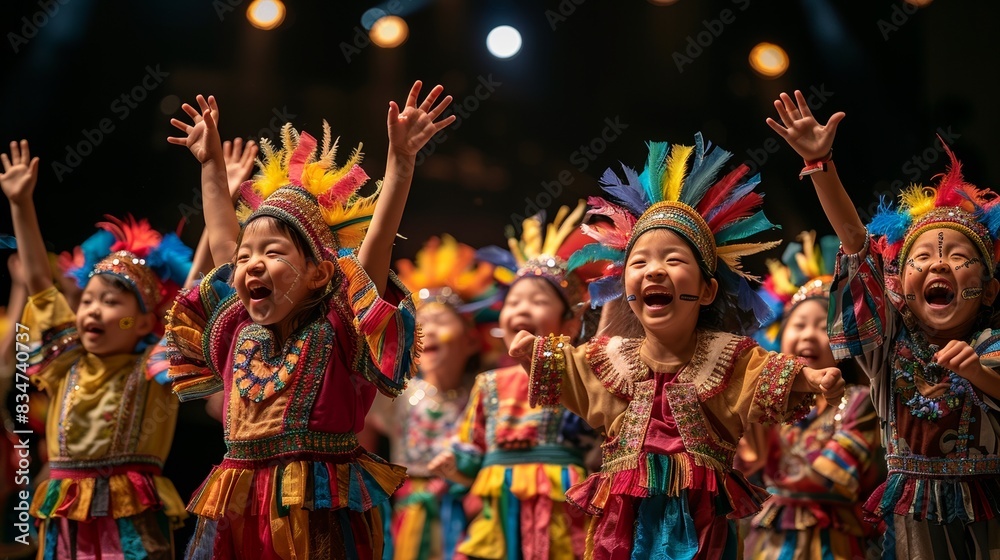 Fototapeta premium A stage performance with children acting out a play in bright costumes.